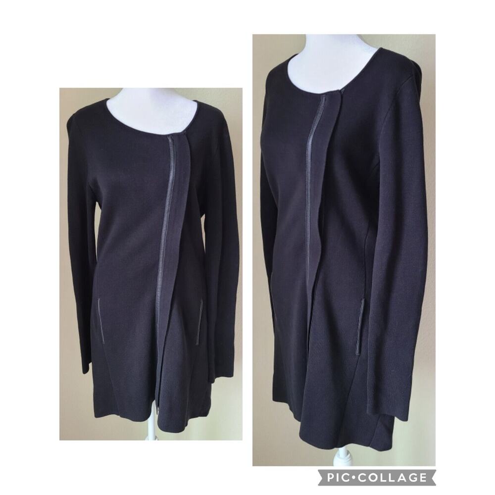Eileen Fisher Black‎ Silk Cotton Knit Jacket XS Leather Trim Mid Length Pockets